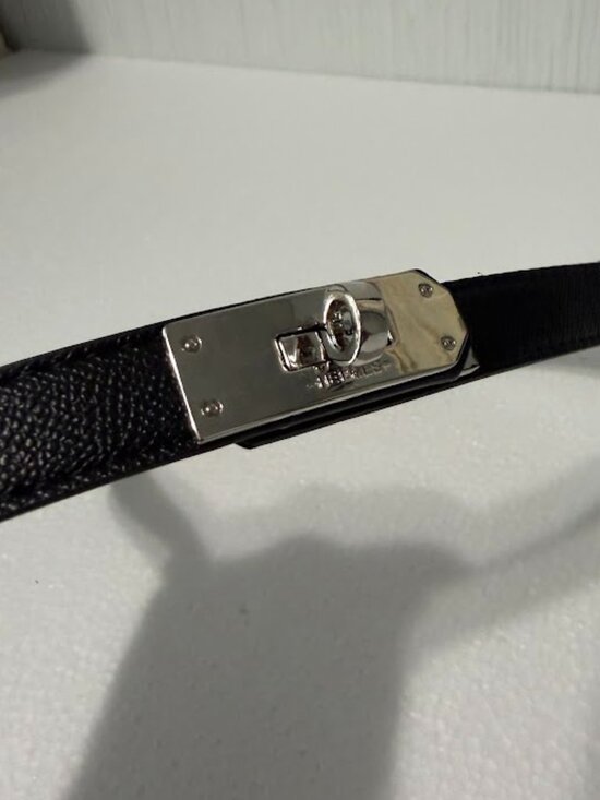 Black Leather Turn Lock Skinny Belt Silver Hardware Minimalist Designer Style main image 5